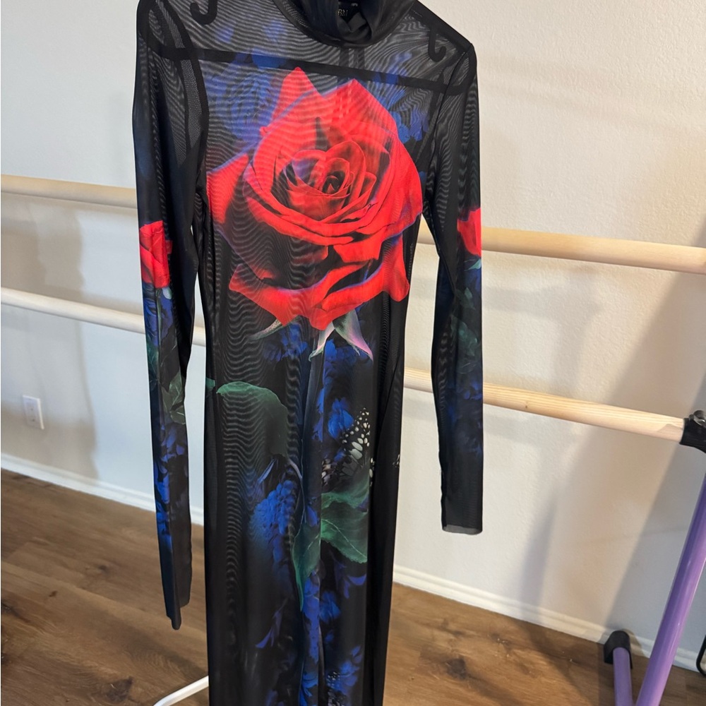 AFRM Black Dress with Red and Blue Floral Pattern